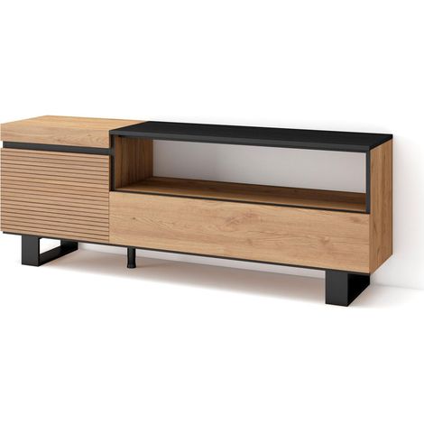 Skraut Home - TV-Schrank, Lowboard, für Wohnzimmer und Esszimmer, 150x57x35cm, Für TV-Geräte bis zu 65", Industriedesign, Moderner Stil, Eiche (1/5)