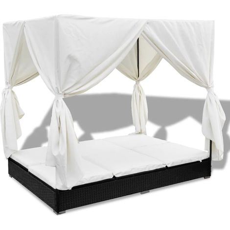 Chaise longue Transat Bain de soleil d'extérieur avec rideaux Résine tressée Noir (1/5)