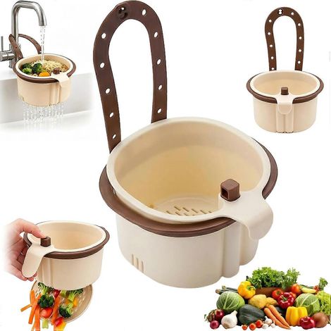 Panier égouttoir suspendu évier fixable robinet compatible la plupart éviers vidage pression sans contact marron (1/5)