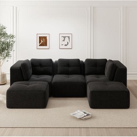 Divano angolare modulare 297x177x69 cm, senza montaggio, seduta profonda, tessuto corduroy nero (1/5)