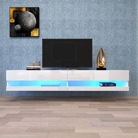 Mobile TV LED, mobile TV bianco lucido con illuminazione a LED, mobile TV di alta qualità con molto spazio per riporre gli oggetti per il tuo soggiorno 140x40x30,5 cm, marmo bianco grigio (1/5)