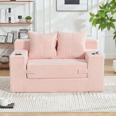 Canapé-lit 133x87x64 cm - 2 places - convertible - pouf avec rangement latéral - 2 coussins - porte-gobelet - velours côtelé - Rose (1/4)