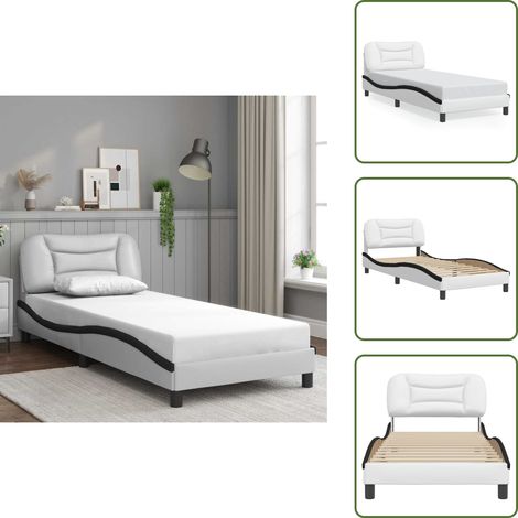 Cadre de lit sans matelas blanc et noir 90x190 cm similicuir - Lit Plateforme - Lit Double - Cadre De Lit - Literie - Meuble Chambre (1/5)