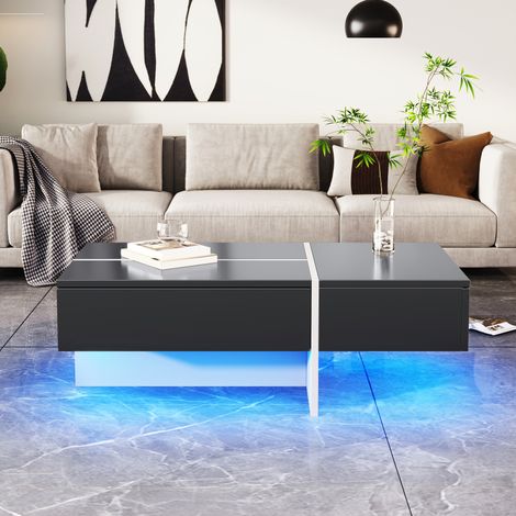 Tavolino da salotto 100 x 50 x 34,5 cm con LED controllato da app, 3 cassetti, nero lucido HAVRYA (1/5)