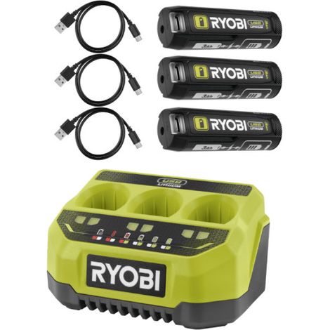 Confezione RYOBI 4V Caricabatterie sequenziale a 3 porte RC43P - 2.0Ah - 3 batterie 3.0Ah
