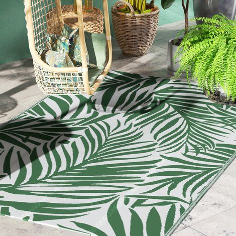 Tapis extérieur réversible balcon/terrasse motif feuilles vert/blanc 152x243 cm