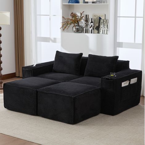 Canapé modulaire 2 places noir en velours côtelé avec 2 poufs, porte-gobelets et poches 188x162x75 cm (1/5)