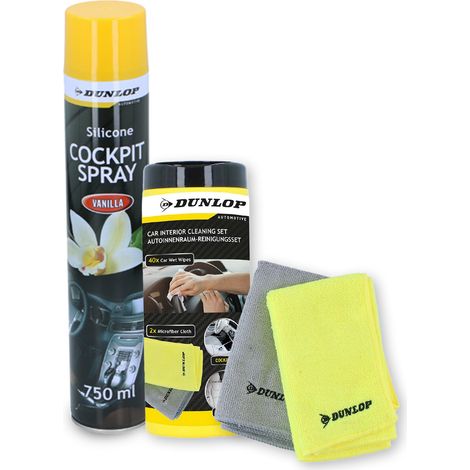 Pack Chiffon Microfibre 35x40cm 300gsm et Spray Cockpit 750ml Vanille DUNLOP - Nettoyant Intérieur, Parfum Doux, Brillant