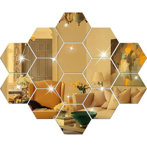 Lot de 24 stickers muraux miroir à faire soi-même, carreaux hexagonaux dorés en acrylique, style kawaii, accessoires de décoration. (1/5)