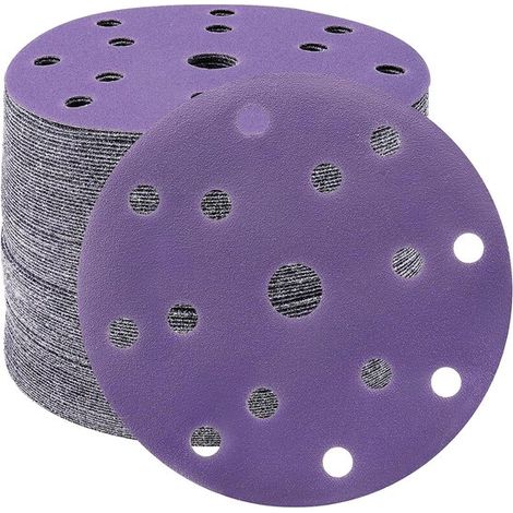 Discos de lijado de 150 mm, papel de lija de grano 220, 50 unidades, discos de lijado de 15 agujeros para lijadora orbital (morado) (1/2)
