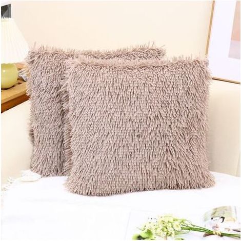 Housse de coussin luxueuse en fausse fourrure douce et laine, taie d'oreiller décorative, sans coussin, 45 x 45 cm, marron clair, lot de 2 (1/5)