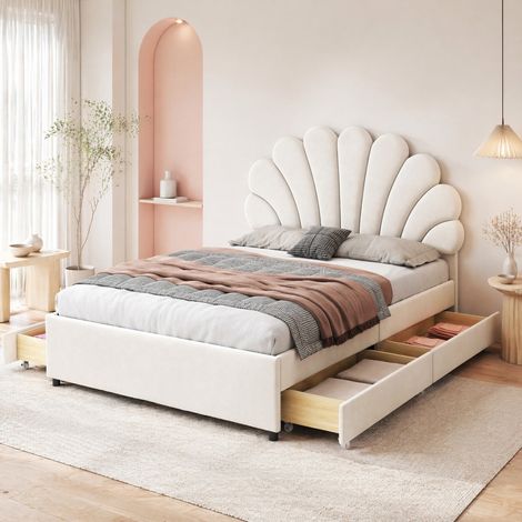 Cama doble 140x200 cm, cabecero floral, 4 cajones, beige, terciopelo, sin colchón (1/5)