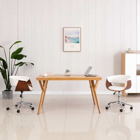 vidaXL Silla oficina giratoria madera curvada cuero sintético blanco (1/5)