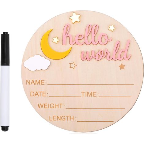 Panneau en Bois pour Nouveau Né Hello World, Joli Panneau d'Annonce de Naissance Panneau de Bienvenue pour Nouveau Né Plaque de Nom de Bébé pour Accessoires Photo de Baby Shower (Rose) (1/5)