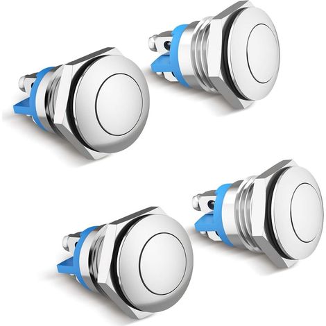 MIMOSON-Bell Push Button, 4 Pcs 16mm Stainless Steel Push Button Switches Metal Push Button Switches, Push Button Switches for Horn Button Switch, PC Power Switch, Doorbell Steel Flat Top Waterproof (1/5)