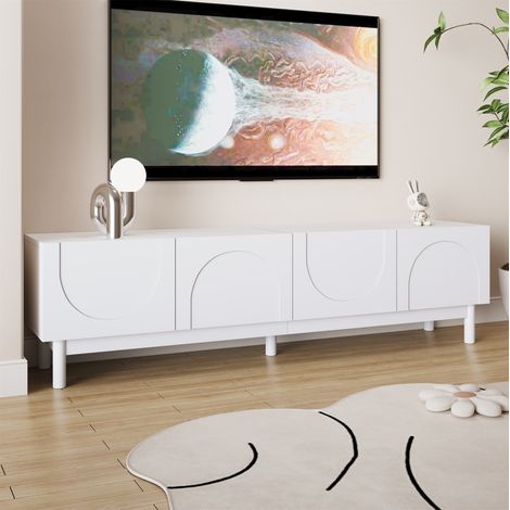 Meuble TV 169 x 34 x 45.5 cm - 4 portes - avec étagères - pieds en bois massif - panneaux de particules - blanc (1/5)