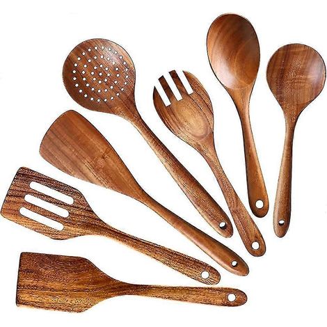 Ensemble de 7 ustensiles de cuisine en bois, comprenant cuillères, spatule et cuillère à salade. Idée cadeau pour la salade. (1/5)