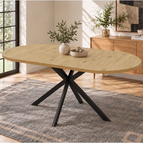 MODFU – Table extensible 120-160x80 cm MDF/métal – Plateau arrondi et rangement intégré – Pieds métal et charge 60 kg – Salle à manger – Bois (1/5)