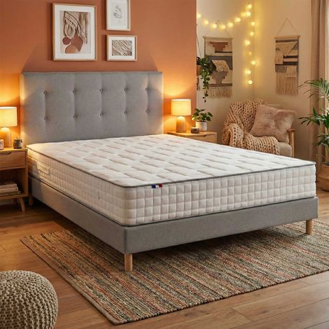 Ensemble matelas ressorts 7 zones H24 sommier et tete de lit capitonnee gris 140 x 200 (1/5)