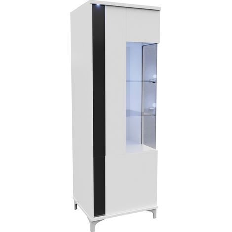 Estantería Florem, Blanco + Blanco brillante + Negro brillante, Con puertas, Cerrable, Vidrio, Aglomerado laminado, Número de puertas: 2, Número de cajones: 0, 196x52x40cm, LED