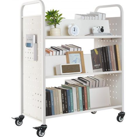 Carro para Libros de 3 Niveles Estantería de Libros con Ruedas 97 x 51,5 x 122,5 cm Estante de Almacenamiento en Forma de W Doble Cara Carro Rodante para Biblioteca, Oficina, Escuela, Blanco (1/5)