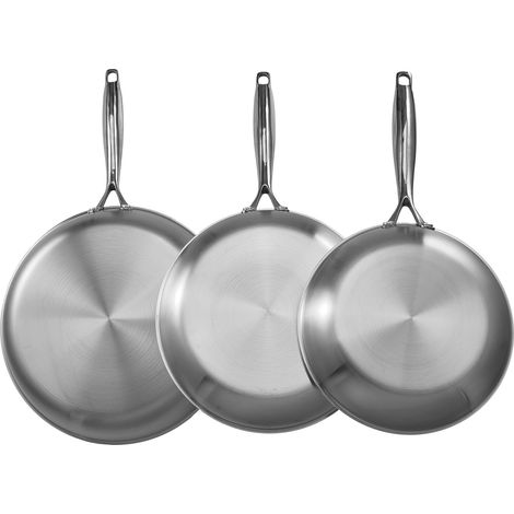 Mophorn Juego de sartenes de acero inoxidable de triple capa, 3 tamaños (240, 280 y 320 mm), con mango resistente al calor, apto para horno, gas, eléctrico, inducción y lavavajillas, color plateado.