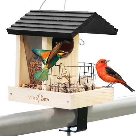 Mangeoire à oiseaux en bois pour balustrade, balcon, terrasse, mangeoire à oiseaux pour l'extérieur, mangeoire robuste pour attirer les oiseaux sauvages (lot de 1) (1/5)