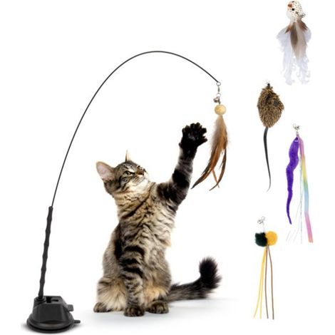 Jouet de pêche pour chat avec ventouse et plumes, ensemble de jouets pour chat, ensemble de jouets interactifs pour chat, canne à pêche pour chat
