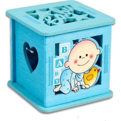 TrAdE Shop Traesio - 12 Scatolina Portaconfetti In Legno Bomboniera Nascita Battesimo Azzurro Maschio - (1/2)