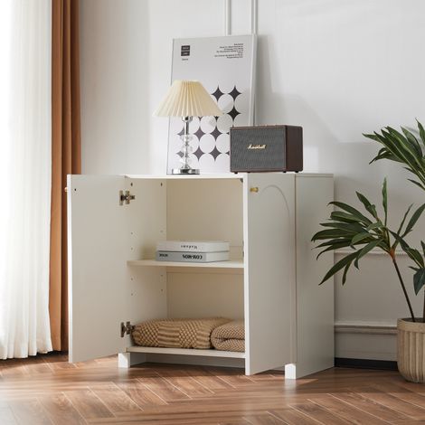 Buffet bas, commode, armoire 2 portes, meuble haut, placard sur pieds, blanc cassé, dimensions : 80 x 40 x 80 cm (1/5)