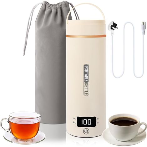 Petite bouilloire électrique de voyage, 500 ml/300 W, mini tasse à eau en acier inoxydable 316, chauffage automatiquement arrêté, avec couvercle réversible pour thé, café, lait de bébé (beige) (1/5)