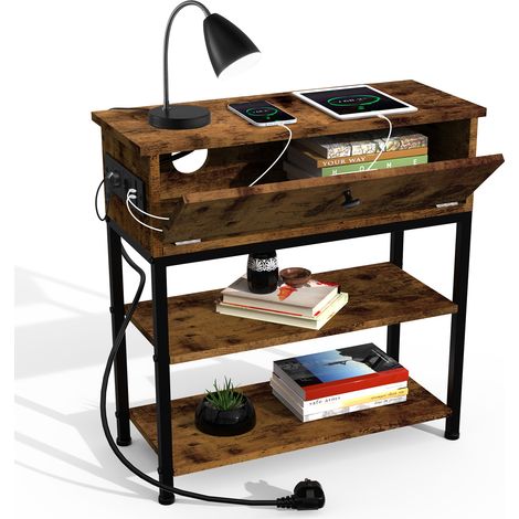 Table de Salon Industrielle avec 2 Prises + 2 Ports USB – 1 Tiroir & 2 Étagères en Panneau de Particules – Design Multifonctionnel 55x26x64cm (1/5)