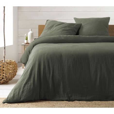 Parure de lit Housse de couette 2 personne + 2 taies d'oreiller en gaze de coton 240 x 220 cm coloris vert (1/4)