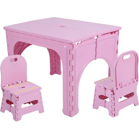 Tables et chaises pour enfants - table à dessin - FLASIDU - Pliable - matière plastique - Portable - Équipé de 2 chaises pliantes - Conception à coins arrondis - 64×50×48cm - Rose (1/5)