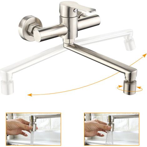 Wall-mounted kitchen mixer with 2 nozzles to choose from. 360° rotating spout. Brushed steel taps. Practical design (1/5)