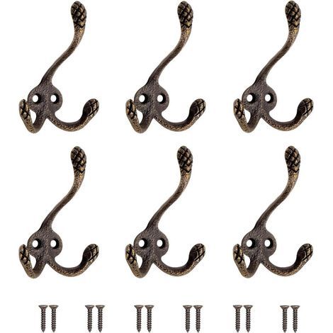 6er-Set Vintage-Wandhaken, robuste, antike Dreifach-Wandhaken, massive Metall-Wandhaken für Kleidung, Hüte und Handtücher – Bronze (1/5)