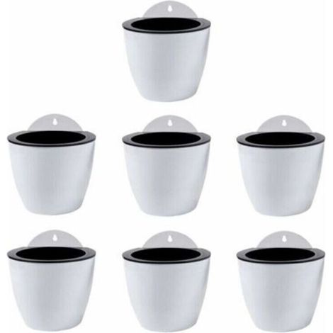 Jardinières Suspendues à Arrosage Automatique Lot de 7 Deco Mural Pot de Fleur Interieur, Exterieur Decoration Murale Fenêtre Blanc Plastique, Grande, 18 cm,