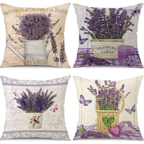 BRAVIX Lot de 4 housses de coussin motif lavandes papillons-45 x 45 cm (1/5)