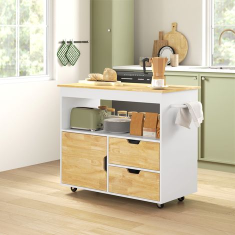 Table roulante cuisine 107x50x85cm chêne, îlot avec plan de travail, tiroirs, armoire porte amortie, poignée, étagère ouverte, chariot pour bureau