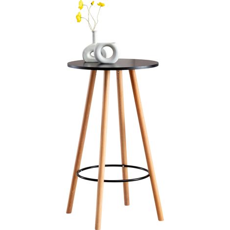 Table haute de bar avec plateau rond repose-pieds circulaire métallique plateau en bois noir 100005526
