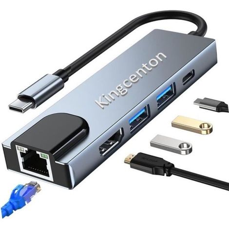 Hub USB C HDMI Ethernet 5 en 1, Adaptateur USB C Hub pour MacBook Lenovo DELL XPS avec 100M Ethernet RJ45 HDMI 4K USB 3.0 port de PD (1/4)