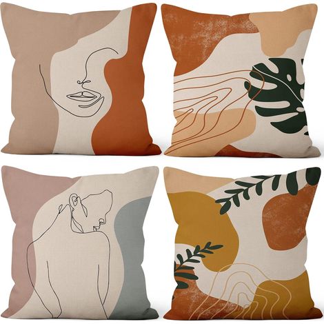Abstrait Housses de Coussin Lot de 4, Style Ligne Visage Femme Morandi Minimaliste Boho Feuilles Carré Taie D'oreiller Lin Moderne Coussin pour Maison Chambre Extérieur Jardin Canapé 46x46cm (1/5)