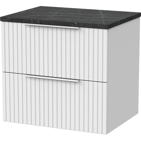 Callingwood Contemporary Wall Hung 2 Drawer Vanity Unit with Black Pietra Marble Laminate Worktop , 600mm, Matt White