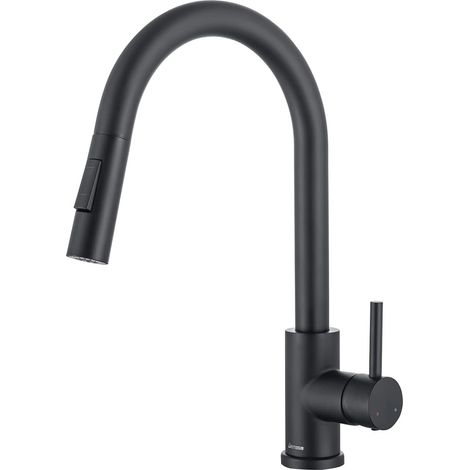 MINKUROW Grifo de cocina de acero inoxidable de alta presión negro, grifo de cocina extraíble giratorio de 360 °, grifo mezclador de cocina cepillado con 2 tipos de chorros (1/5)