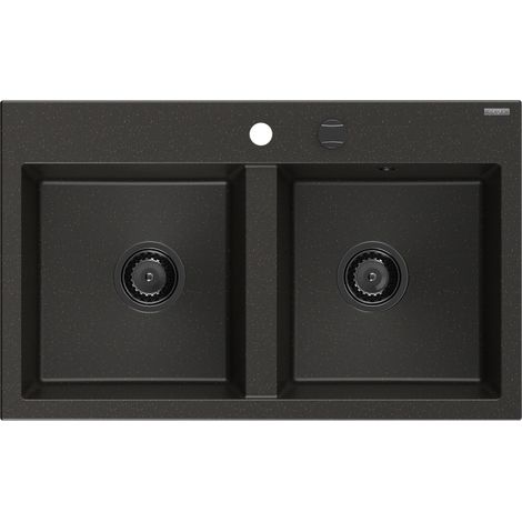 Mexen Hektor évier en granit 2 bacs 800 x 480 mm, noir/doré métallisé, siphon noir - 6521802000-75-B (1/5)