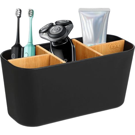 Organizador de baño negro con 5 compartimentos para cepillo de dientes, pasta de dientes y cosméticos. (1/5)