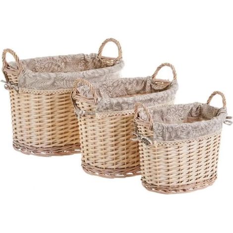 Lot de 3 panier de rangement tressé, corbeille de rangement avec poignée en osier-tissu coloris naturel -JUANIO (1/3)