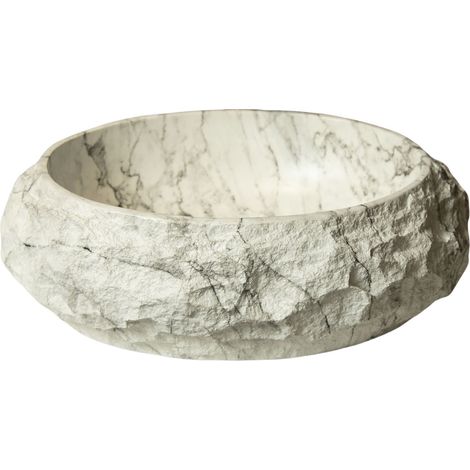 Vasque ovale irrégulière en résine de 45 cm de diamètre, motif pierre, style artistique, sans robinetterie, couleur ivoire. (1/5)