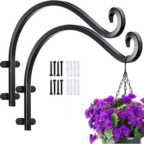 Soporte de pared para plantas colgantes, gancho de soporte de 2 piezas, soporte de hierro forjado para cestas colgantes, colgador de plantas, para jardín, balcón, farol, decoración de plantas, negro.