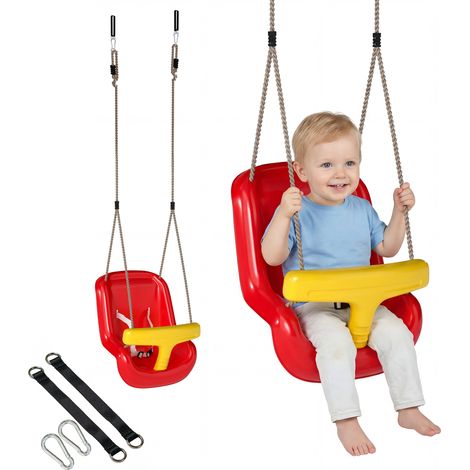 Balançoire réglable pour enfants de 9 à 36 mois, avec cordes et mousquetons. En polyéthylène. 28 x 36 x 180 cm. Rouge et jaune.